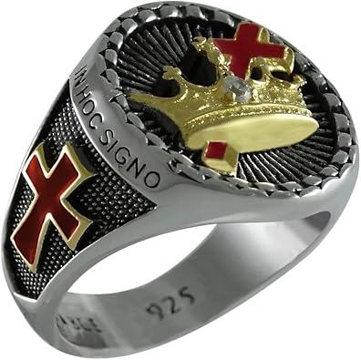 Design Sterling Silver 925 Masonic Freemasonry Knight Men Templar Ring 18k Gold Plated KTR001
