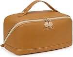 Telena Sac de maquillage Sac cosmétique de grande capacité de voyage portable PU Sacs de maquillage imperméable en cuir pour femmes avec poignée et diviseur ouvert plat beige avec brun