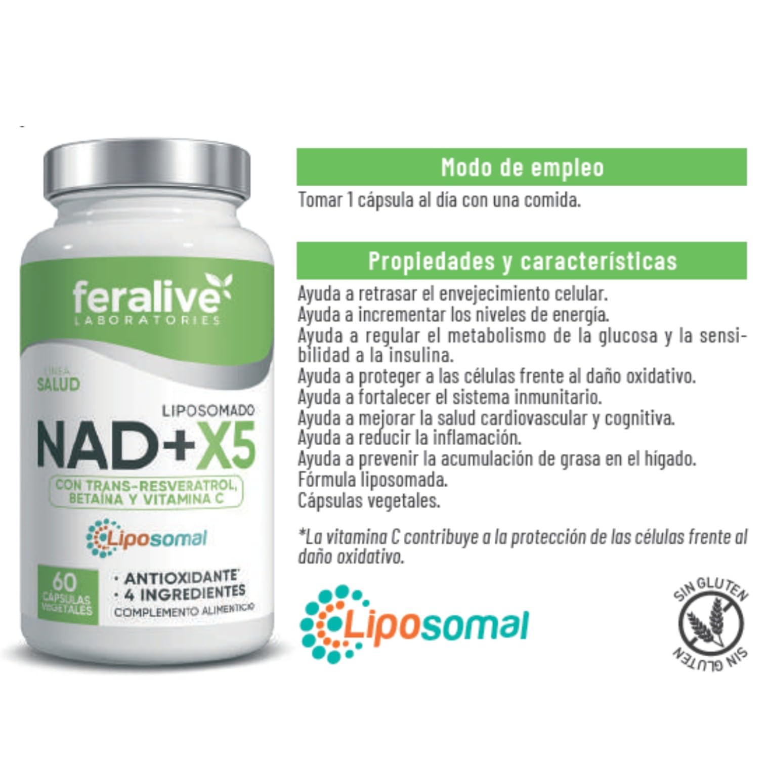 NAD+X5 60 Cápsulas Liposomadas – NAD+ + Trans-Resveratrol + Betaína – Suplemento para Energía Celular, Vitalidad y Longevidad