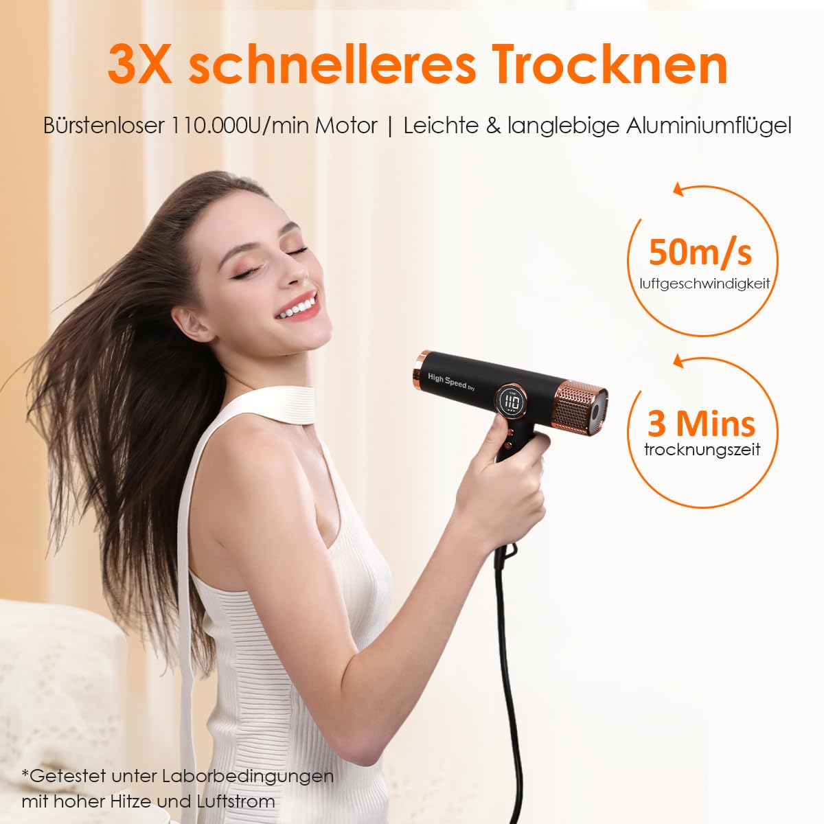 Faszin Haartrockner Leichter Föhn mit 110.000 RPM bürstenlosem Motor für Schnelles Trocknen, 200 Millionen Ionen fön, Wenig Lärm, LED-Anzeige, 3 Magnetdüse für Zuhause, Salon (Schwarz)