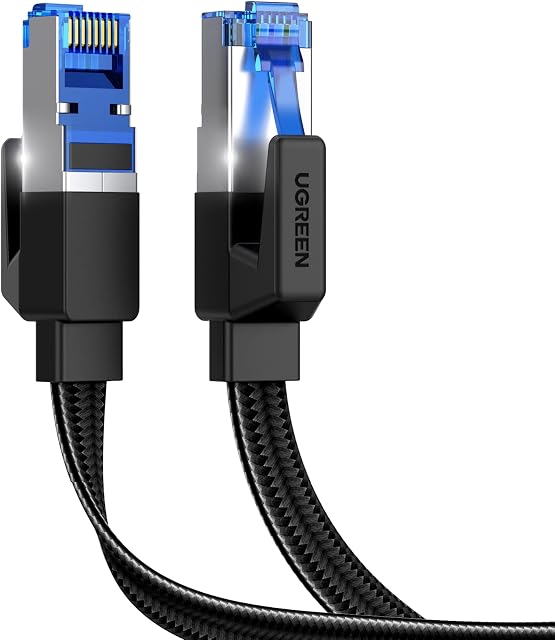 UGREEN Cat 8 Ethernet Cable, Flat High-Speed 40Gbps 2000Mhz Internet Cable 26AWG Braided Network Cord RJ45 Shielded Indoor LAN Cables Compatible for Gaming PC PS5 Xbox Modem Router (0.5M)