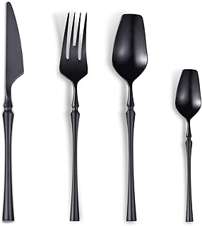 Lemeya 24-Piece Black Silverware Set for 6,Modern 18/10 Stainless Steel Flatware Set,Unique Rustic Cutlery Utensils Set,Spoon and Fork Set for Home, Restaurant,Wedding,Mirror Polished,Dishwasher Safe