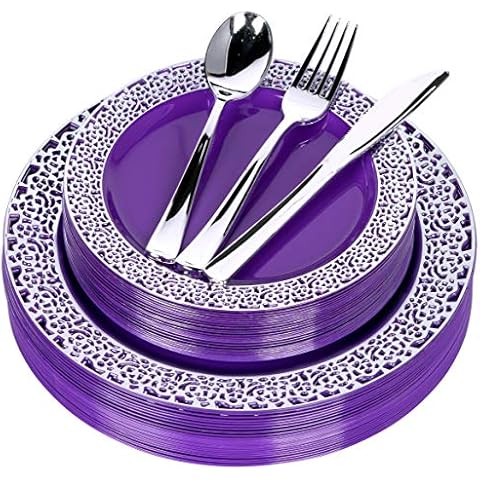 FOMOICA Purple Silver Plastic Plates and Silverware - 125 Piece Disposable Premium Plastic Dinnerware Set – Reusable Party Dinner Plates, Forks, Spoons, Knives – Birthday Parties, Wedding, Christmas Cover
