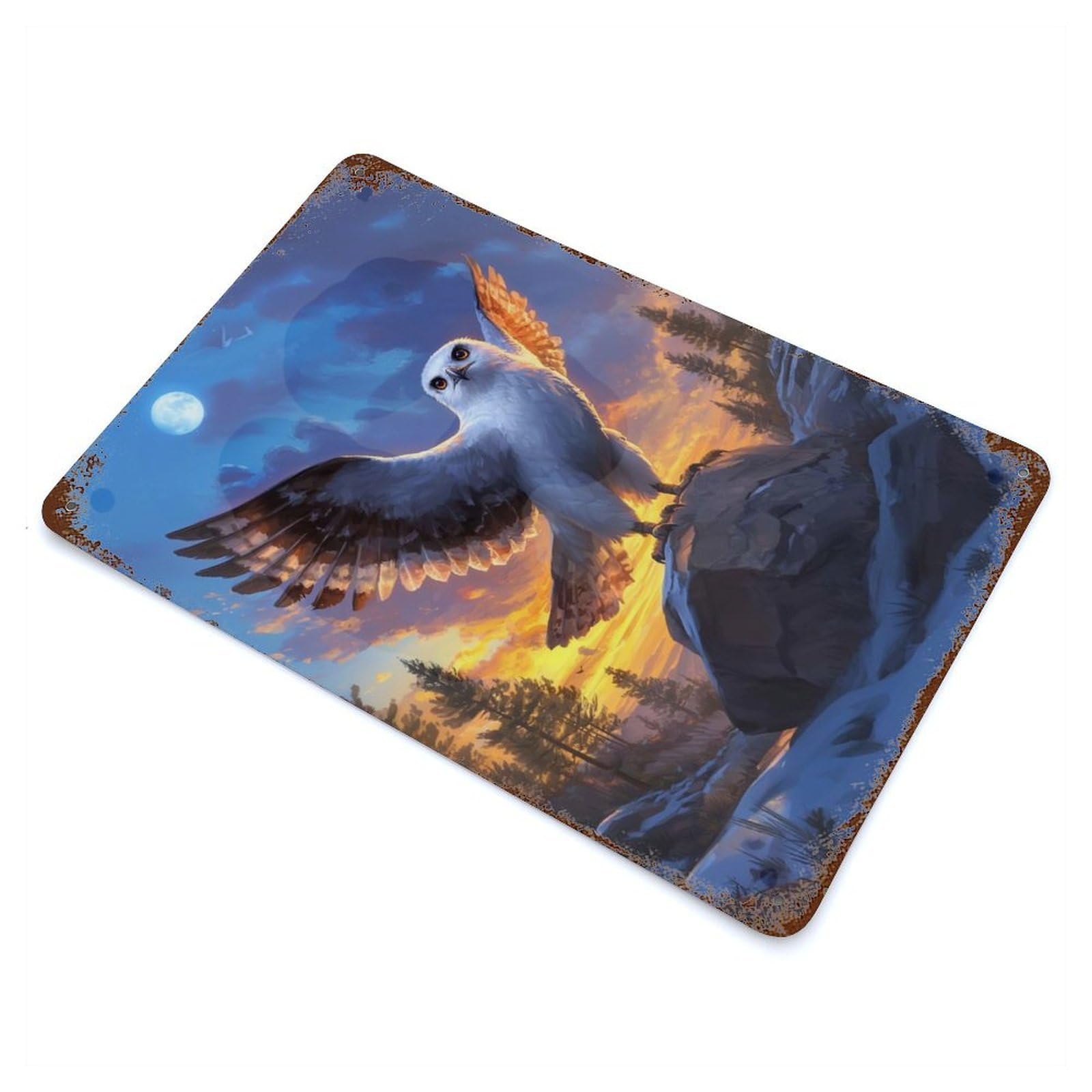 Vintage Rust Metal Sign with Snowy Owl at Sunset Design 11.8"x7.9", for Shed, Workshop And Garage Wall Decor, Classic Wall Plaque