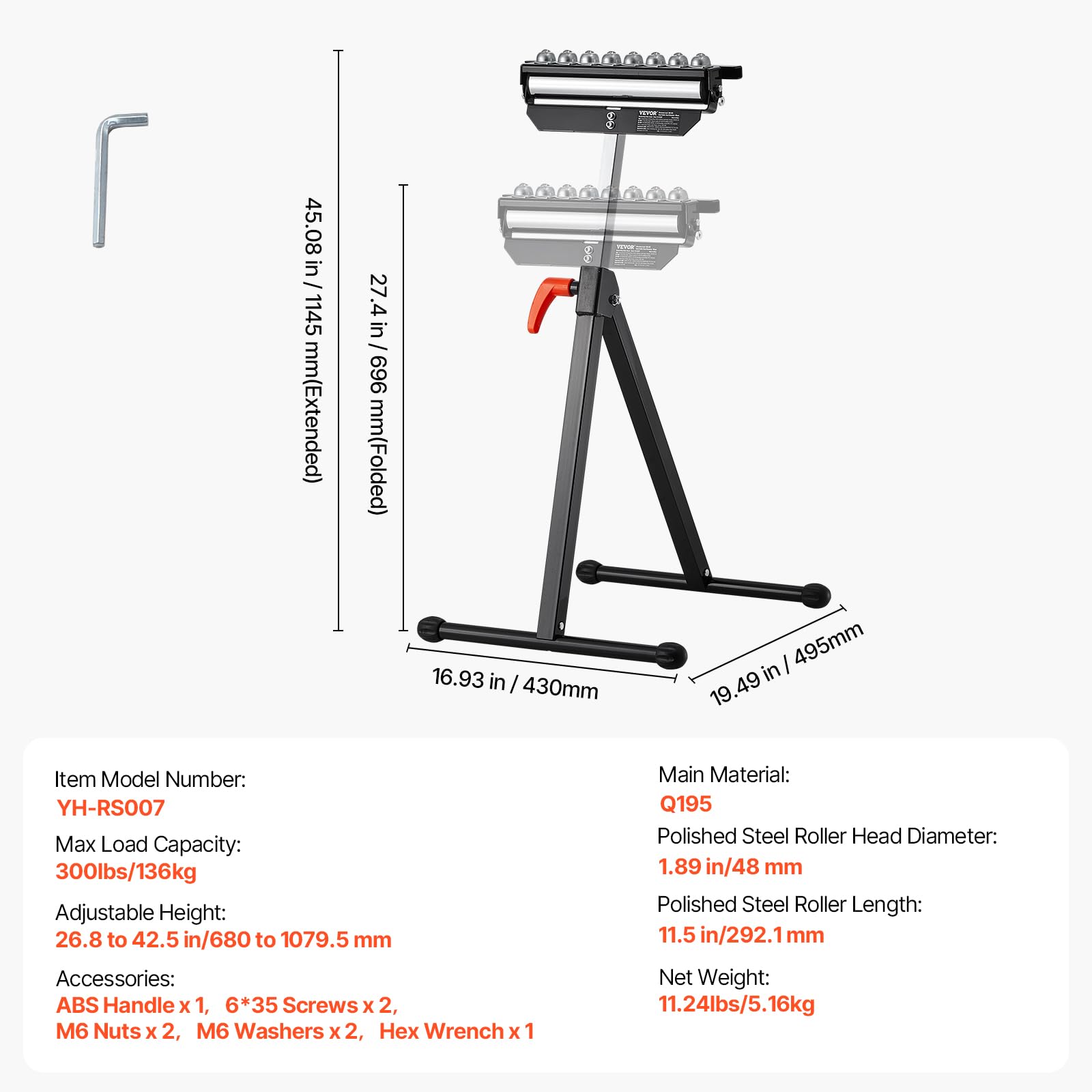 VEVOR Supporto a Rulli, Carico di 136 kg Supporto a Rulli per Troncatrice da Tavolo, Altezza Regolabile 680 a 1079,5 mm per Impieghi Gravosi con Testa a Rulli Multidirezionale Lucidata da 292,1 mm