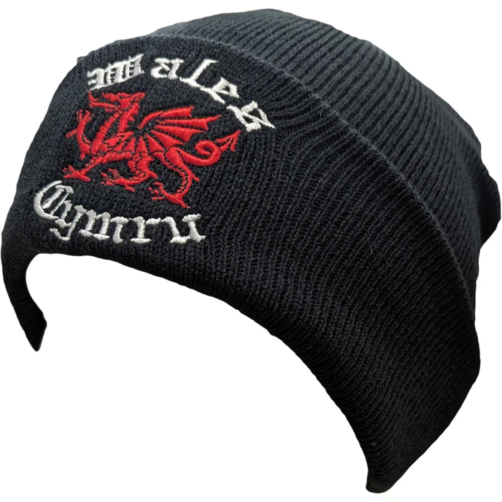 Manav Men's Black Adults Wales Cymru Welsh Ski Hat Classic Cuffed Unisex Fisherman Beanie Warm Stylish Thermal Winter Hats Knit For And Wo