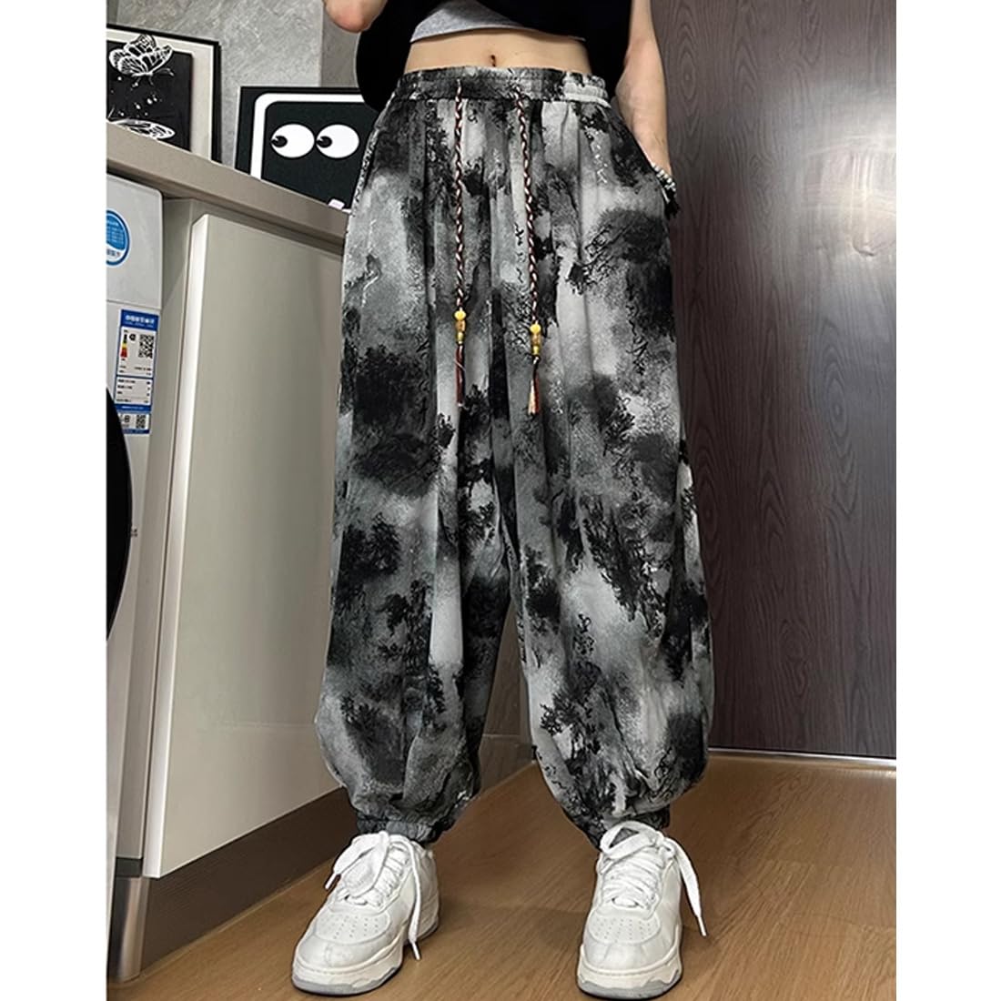 HZCX Fashon Mens Chinese Style Tie Dry Wide Leg Baggy Harem Yoga Jogger Pants Loose Fit Aladdin Trousers(Grey Black,Small)