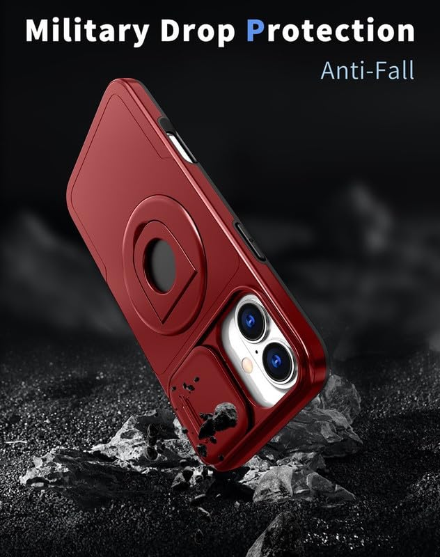 Image of LuxuryKase MagSafe Shockproof Rugged Back Case for iPhone 17 | Finger Ring Kickstand & Sliding Camera Cover | Military Drop Protection | Wireless Charging Support - Red