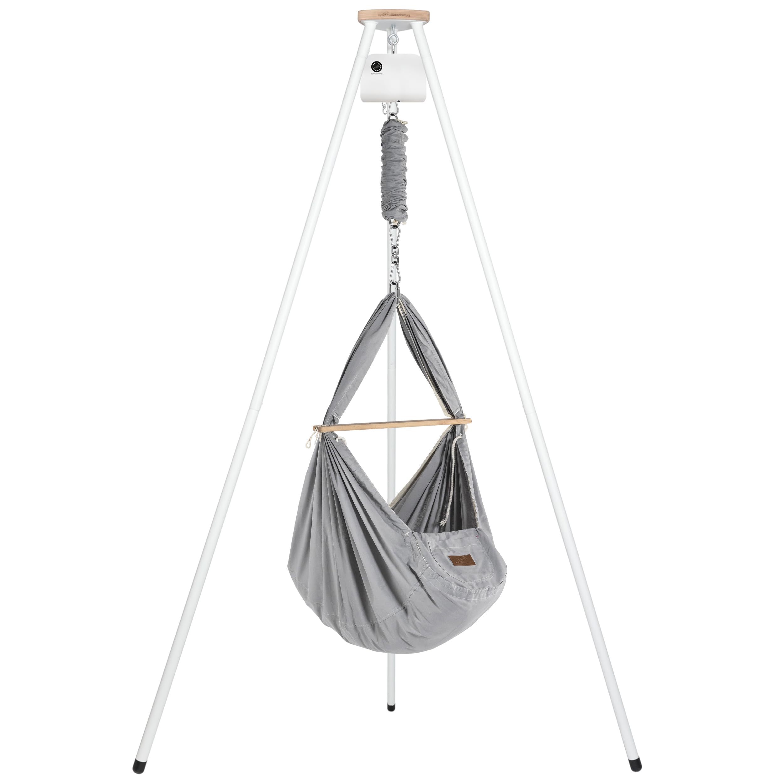 SCHMUSEWOLKE Berceau à ressorts, BioGrey, avec moteur et tipi blanc, hamac pour bébés et tout-petits de la naissance à 3 ans, coton biologique, avec matelas en laine de mouton