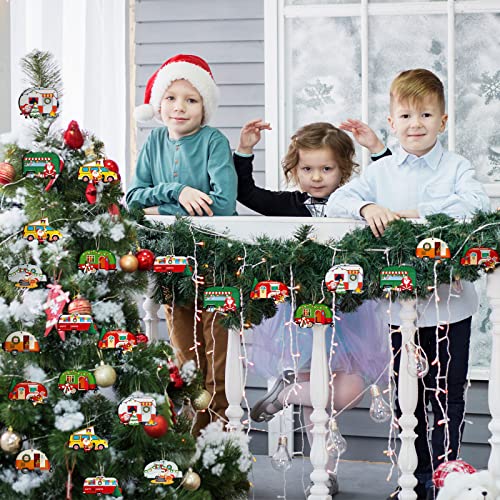 Spiareal 32 Pieces Happy Campers Christmas Ornaments Caravan Wooden Xmas Tree Decorations Vintage Santa Rv Trailer Hanging Ornament For Holiday Home Party Crafts, Green, White, Red #TOP6