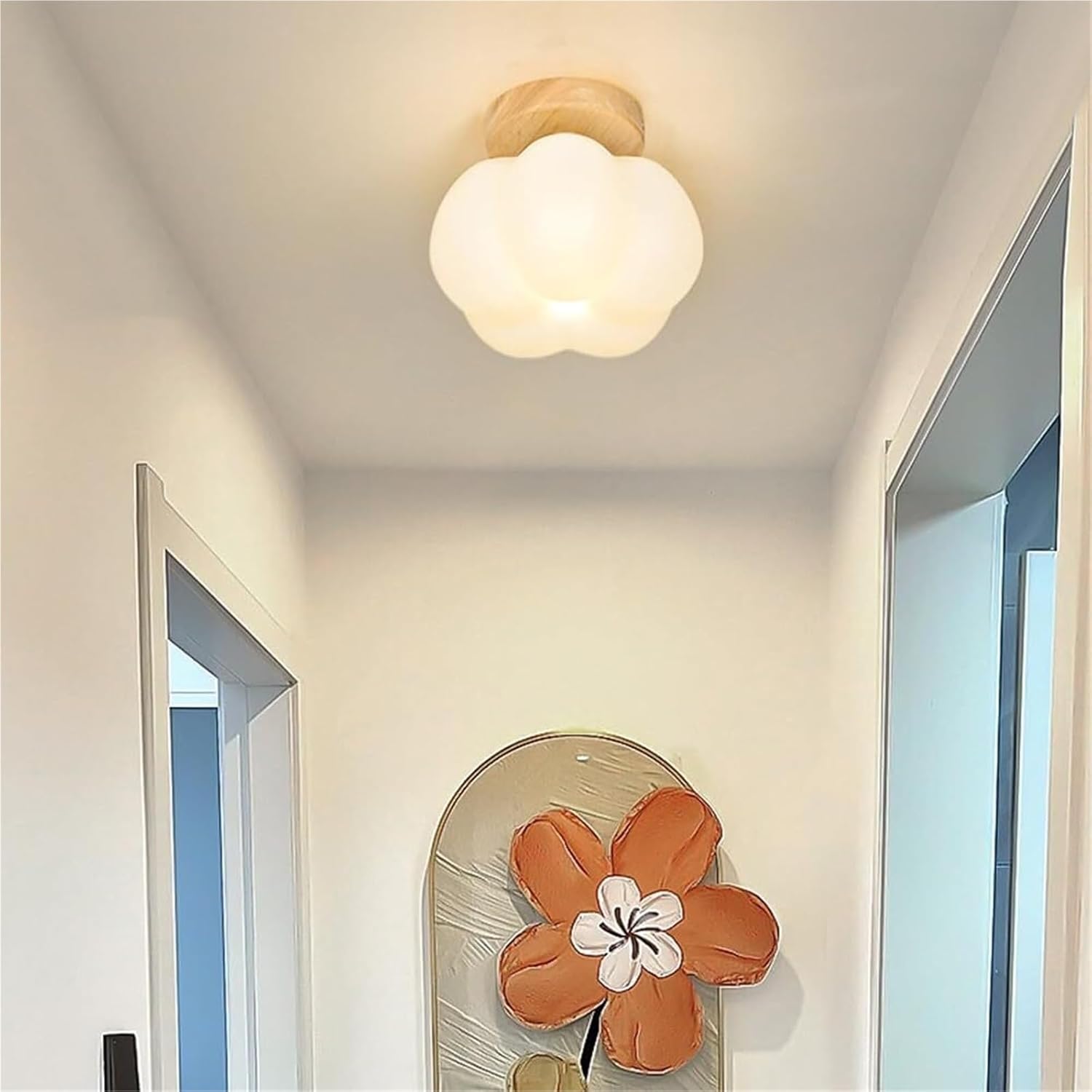 Nordic Style Half -Embedded Ceiling Lamp, Simple and Creative Pendant Lamp, Wooden Close to Ceiling Lighting Fixtures, Indoor Home Decoration E27 Ceiling Hanging Lights, for Living Room