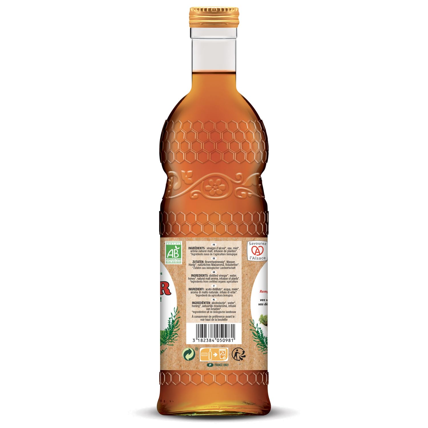 Des assaisonnements plus doux grâce au vinaigre aromatisé au miel et infusion de plantes Bio MELFOR, format 50 cL, recette d'Alsace - Lot de 3