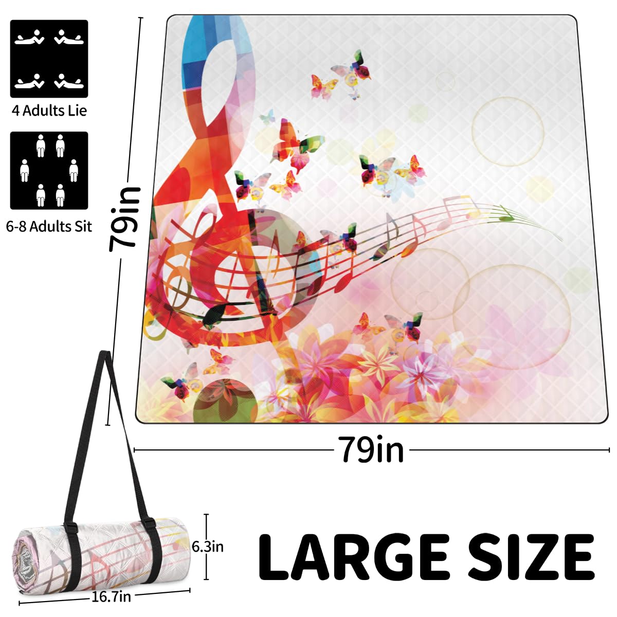 Shimoshe Extra Large Picnic Blankets 79”x 79”, Flower Butterfly Music Notes Waterproof Foldable Picnic Mat with Straps Portable Beach Blanket for Camping Park Grass Beach Indoor