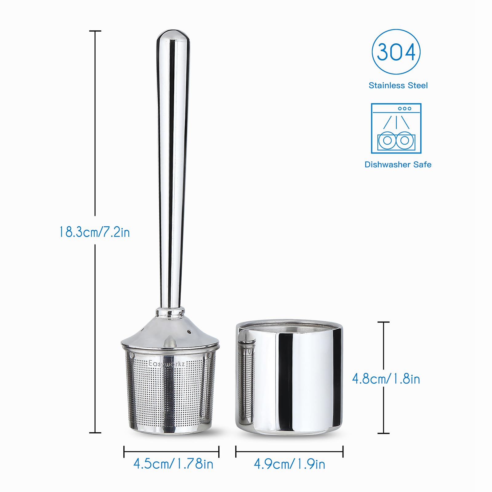 Easyworkz Infusore per tè in acciaio inox con manico cavo resistente al calore, colino a rete fine con supporto per foglie sciolte, finitura cromata