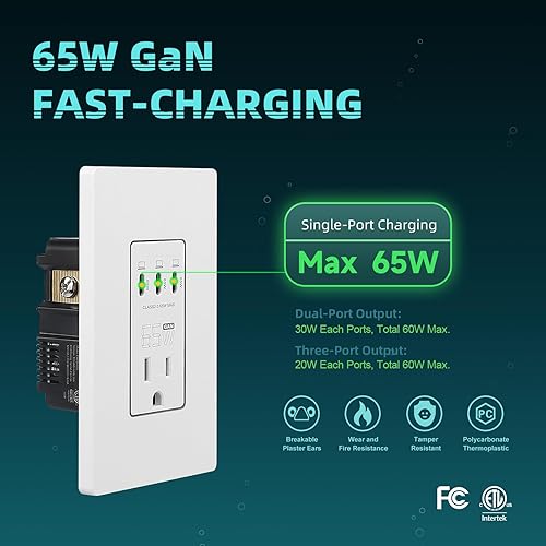 Miniatura 3 de TOPELER Toma de pared USB C, receptáculo USB de carga ultra rápida de 65 W, receptáculo resistente a manipulaciones de 15 amperios, cargador USB