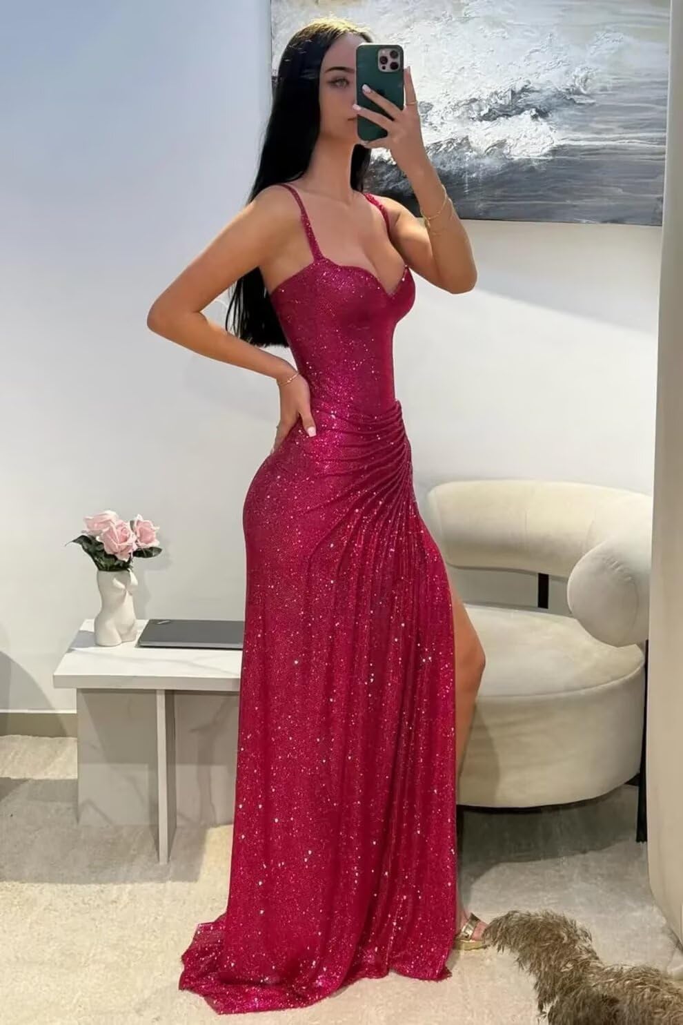 Sparkly Sequin Prom Dresses for Women 2026 Pleated Strapless Wrap Slit Long Formal Evening Dress