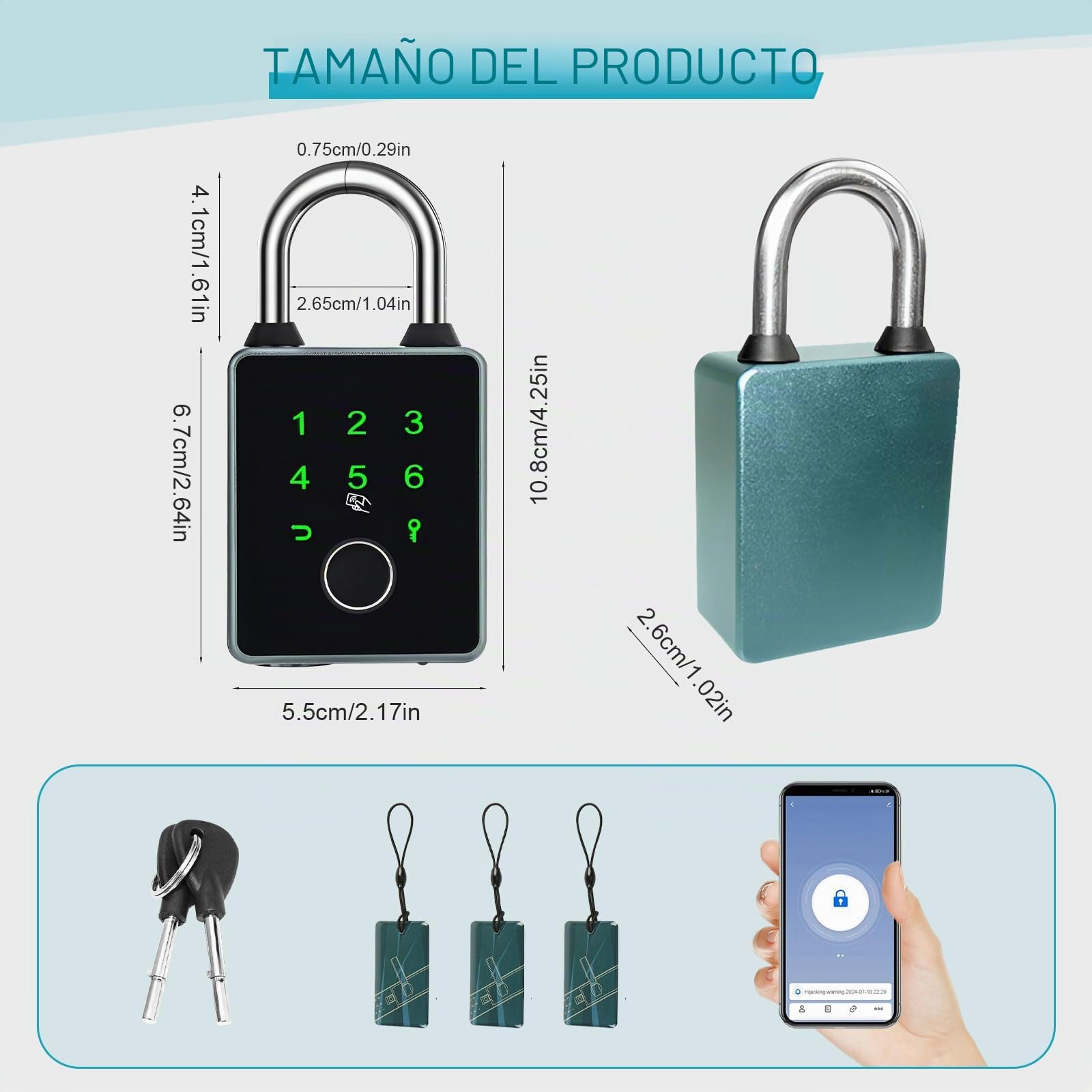 Candado Inteligente con 5 Formas de Desbloqueo, Impermeable | Candado de Huella Dactilar Bluetooth, con Llaves y Tarjetas IC, Compatible con Tuya APP, para Valla y Maleta