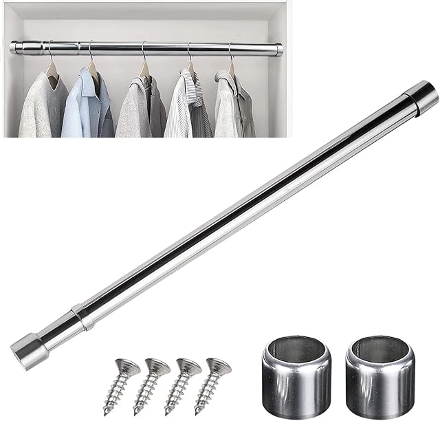 25mm Extendable Wardrobe Rod Stainless Steel Wardrobe Rail Tube Clothes Hanging Pole Heavy Duty Round Extensible Closet Bar with End Sockets for Wardrobe Cabinet Cupboard (58cm to 105cm)