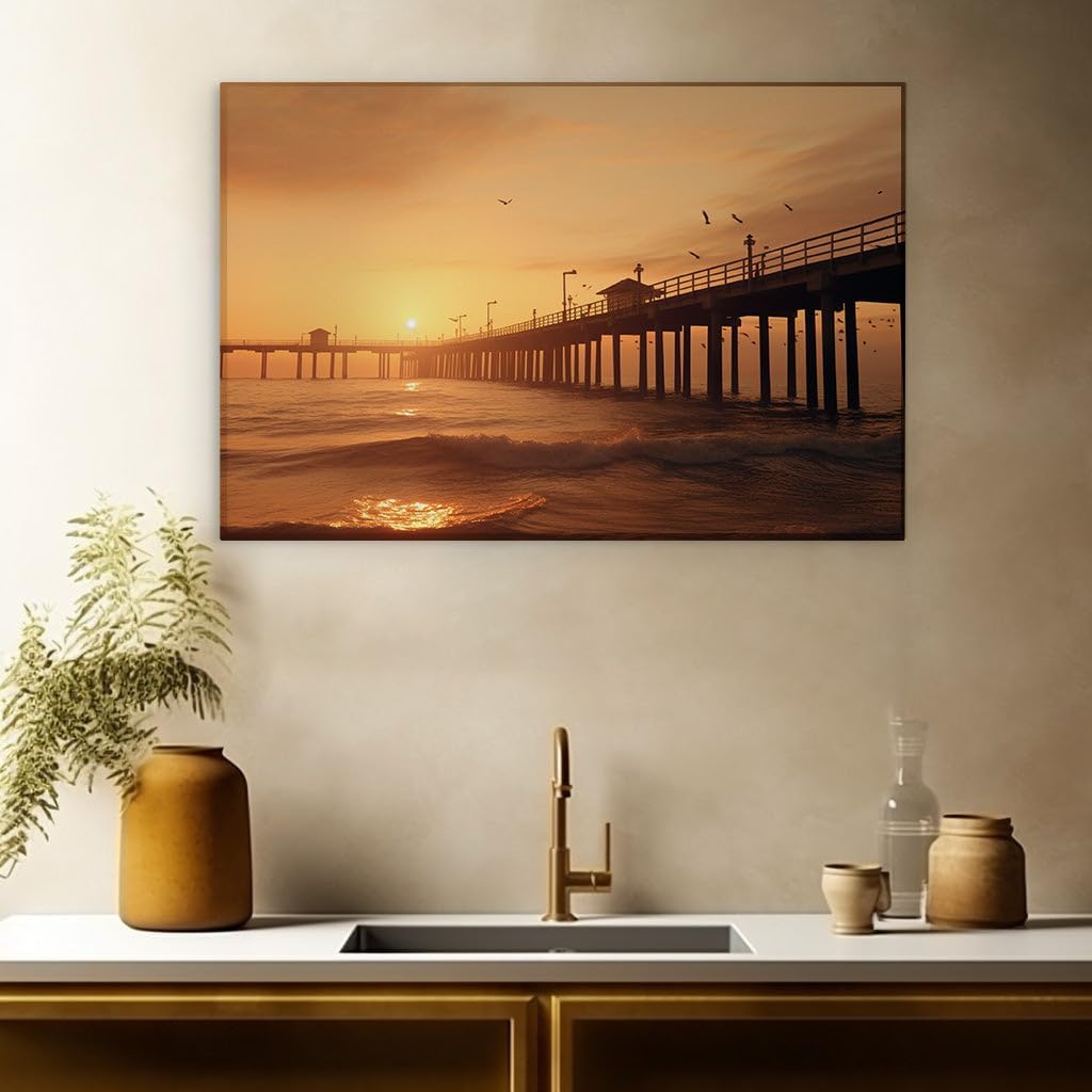 Canvas for Living room. Sunset Serenity: A Journey Along the Dark Pier Embraced by Warm Ocean Hues, 27 x 18 inch Canvas Wall Art - Contemporary Masterpieces - Modern Home Decor - 69x46 cm (27x18 inch)