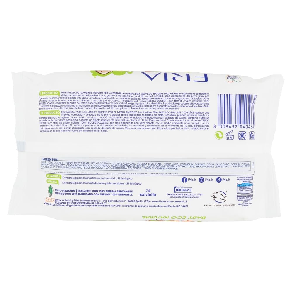 Fria Baby Eco Natural Salviette per Cambio Pannolino 1000 Giorni, Confezione 72 Salviette