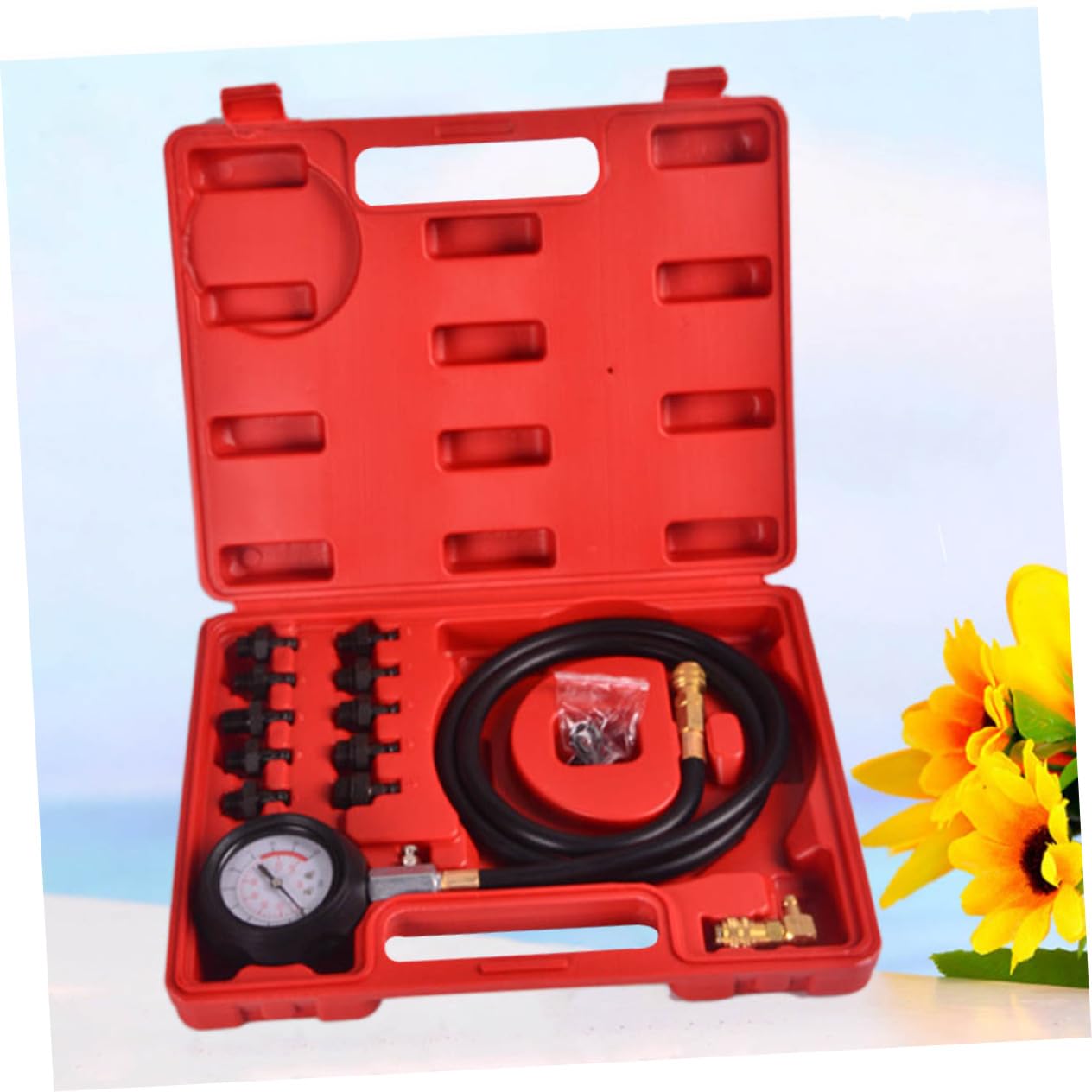 Manometro Pressione Olio Motore Auto, Kit Tester Rosso | Metallo e Plastica, Custodia Rigida Inclusa, Adattatore a 90 Gradi, Tubo e Raccordi per Motori Benzina