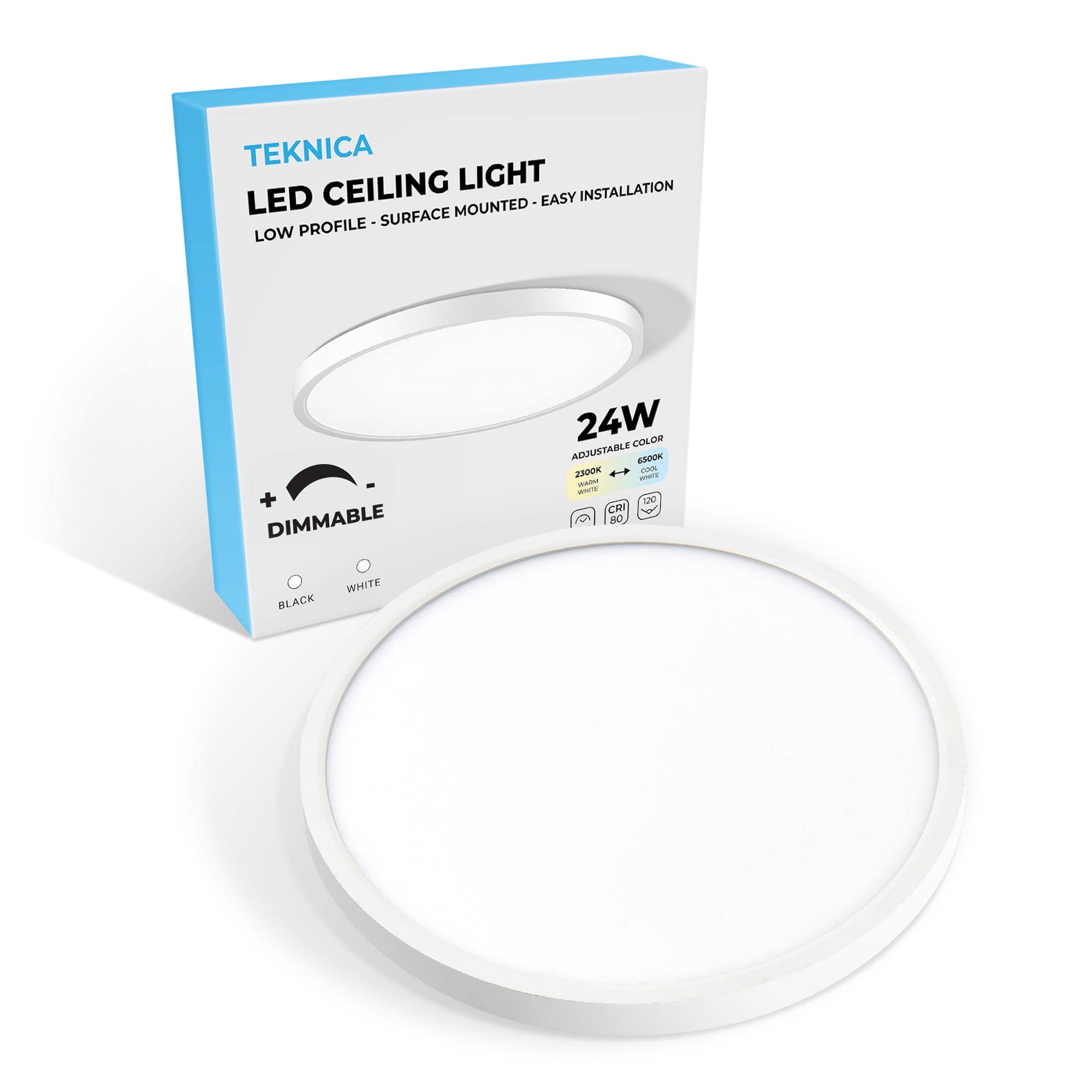 Dimmable LED Flush Mount Ceiling Light Fixture, 2400LM, 12 Inch 24W, Flat Modern Round Lighting Fixture, 240W Equivalent White Ceiling Lamp for Closets, Kitchens, Stairwells, Bedrooms, etc.