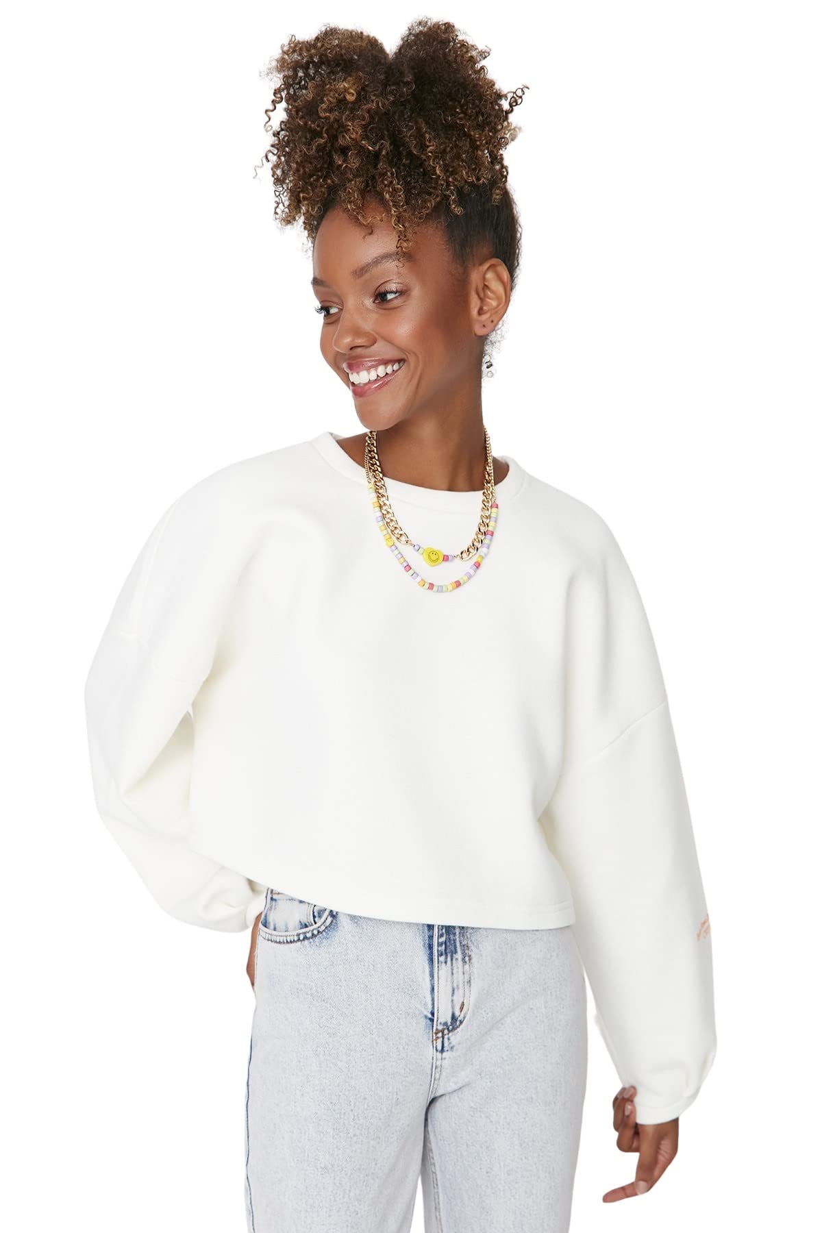 Trendyol Women's Crew Neck Plain Oversize Sweatshirt, Ecru, S