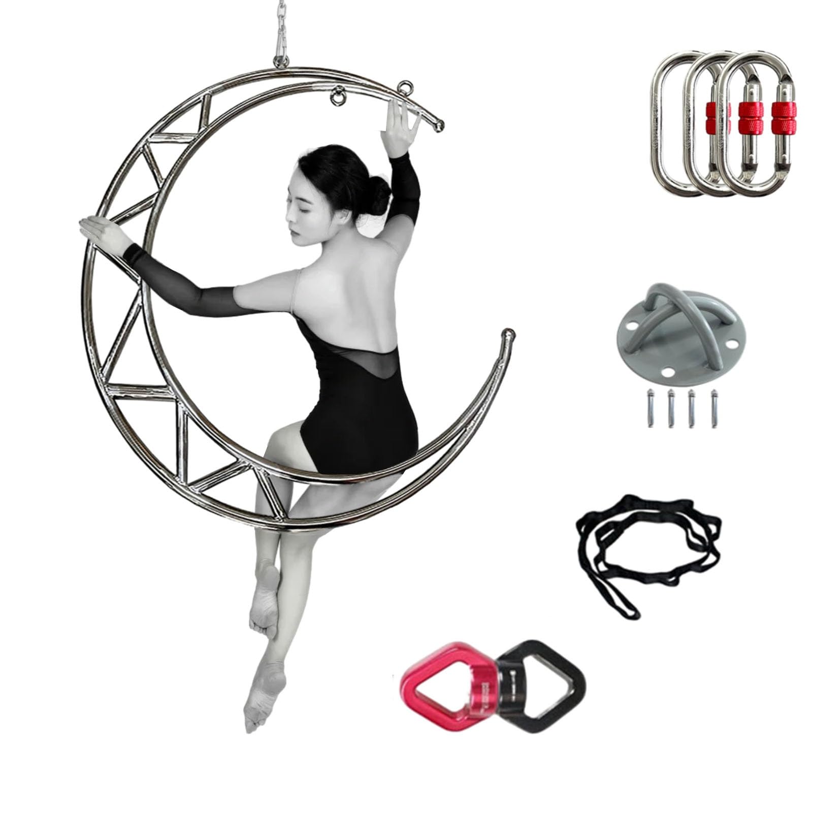 Kunovo Moon Shape Aerial Hoop Set, Stainless Steel Lyra Hoop Equipment, 360° Swivel Aerial Dancing Ring for Aerialists/Performer, Maximum Load 440 lbs