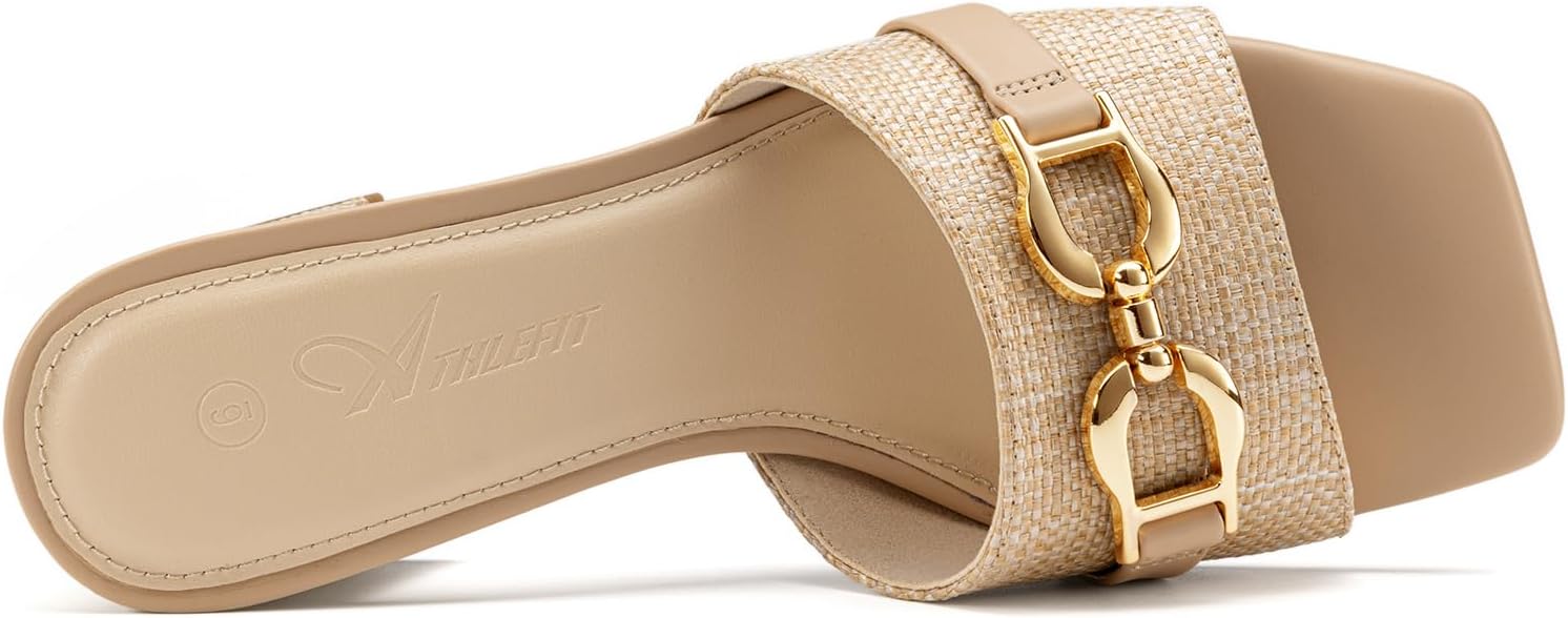 Athlefit Women's Raffia Heeled Sandals Square Open Toe Slip On Mules Chunky Block Heels with Metal Chain for Summer Vacation - Image 6