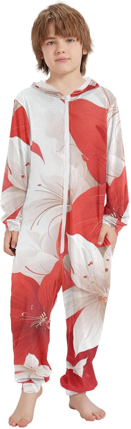 White and Red FlowersPajamasCute Soft Hooded One-Piecing Costume Romperfor Christmas Home