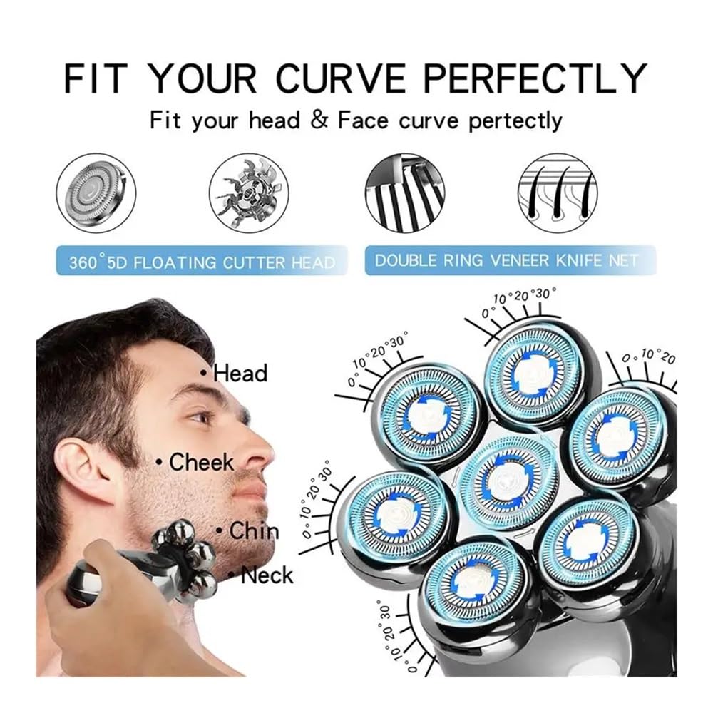 Razors - Maquinilla de afeitar inalámbrica recargable eléctrica para hombre, 7 cabezales flotantes, recortadora de pelo de nariz, cepillo de limpieza facial, puede afeitarse la cabeza (juego de