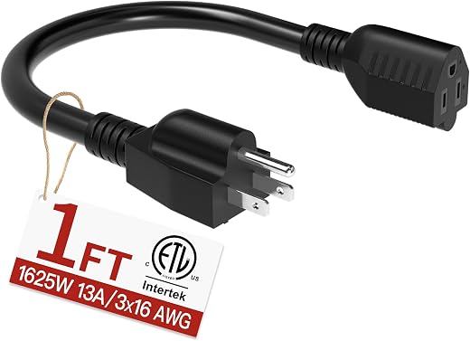 16/3 Short Extension Cord 3 FT, Black Extension Cord Flexible & Durable, Indoor 3 Prong Power Cable, Suitable for Home and Office, 13 Amp 1625 Watt 125VAC 16AWG, ETL Listed