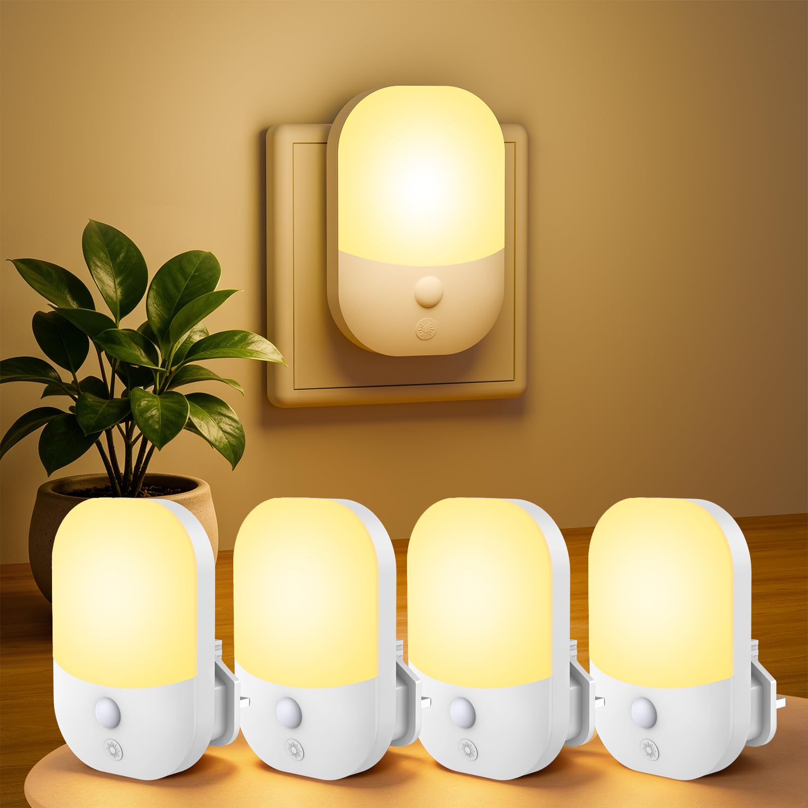 4 Pack Night Light Plug in Wall, Dimmable Warm White 3000K LED Night Lights with Dusk to Dawn Sensor, Auto On Off, 5 Levels Brightness, Plug in Night Light for Hallway Bedroom Kids Nursery