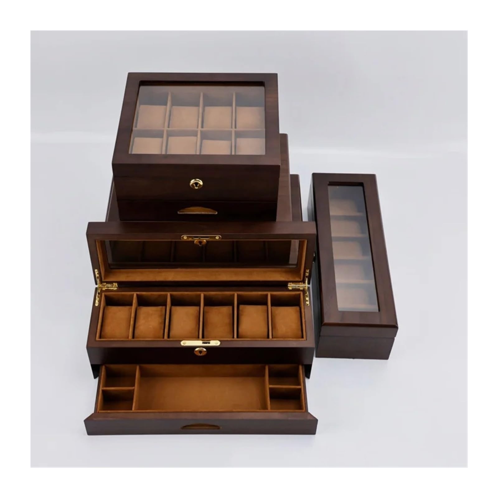 1 Stück schwarze Walnuss-Uhrenbox mit 6 Fächern, Glasdeckel und Schublade | Uhrenbox aus schwarzem Walnussholz mit 6 Fächern, doppellagiger Organizer aus Holz mit Glasdeckel(LuxWalnut10WatchBox)