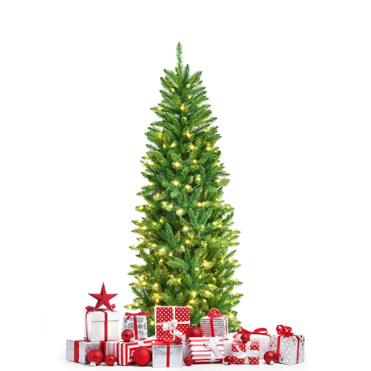 GOFLAME 5 ft Pre-lit Artificial Pencil Christmas Tree, Hinged Fir Christmas Tree w/ 150 Warm Lights and Sturdy Iron Stand, Slim Christmas Tree with 300 Tips, New PVC Material, Easy Assembly