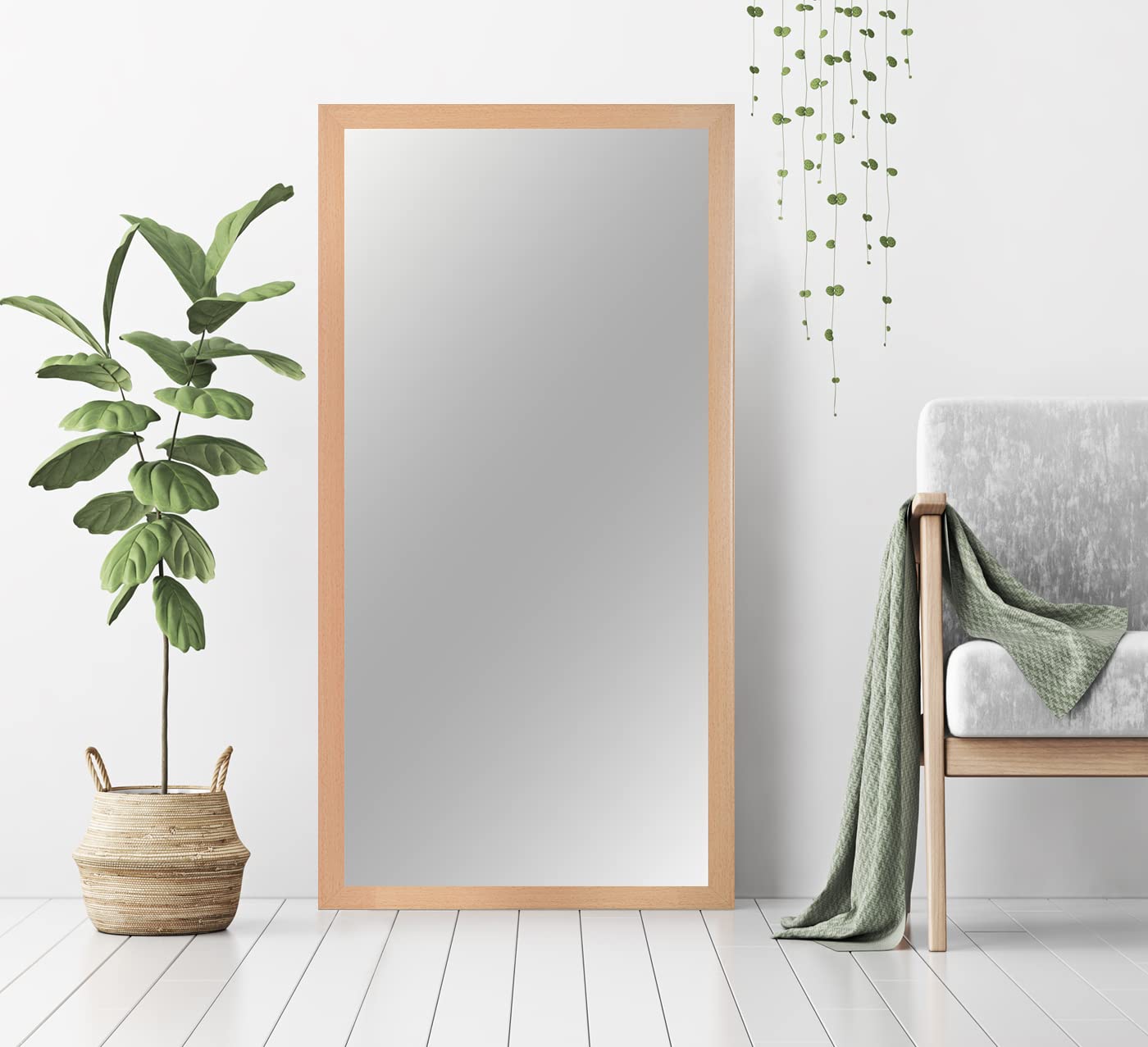 PrimeLuxe Espejo de pared 65 x 65 cm (medida exterior) cuadrado en haya natural | Color y tamaño seleccionables | Espejo de cuerpo entero | Espejo para baño y pasillo | con marco de madera | Fabricado