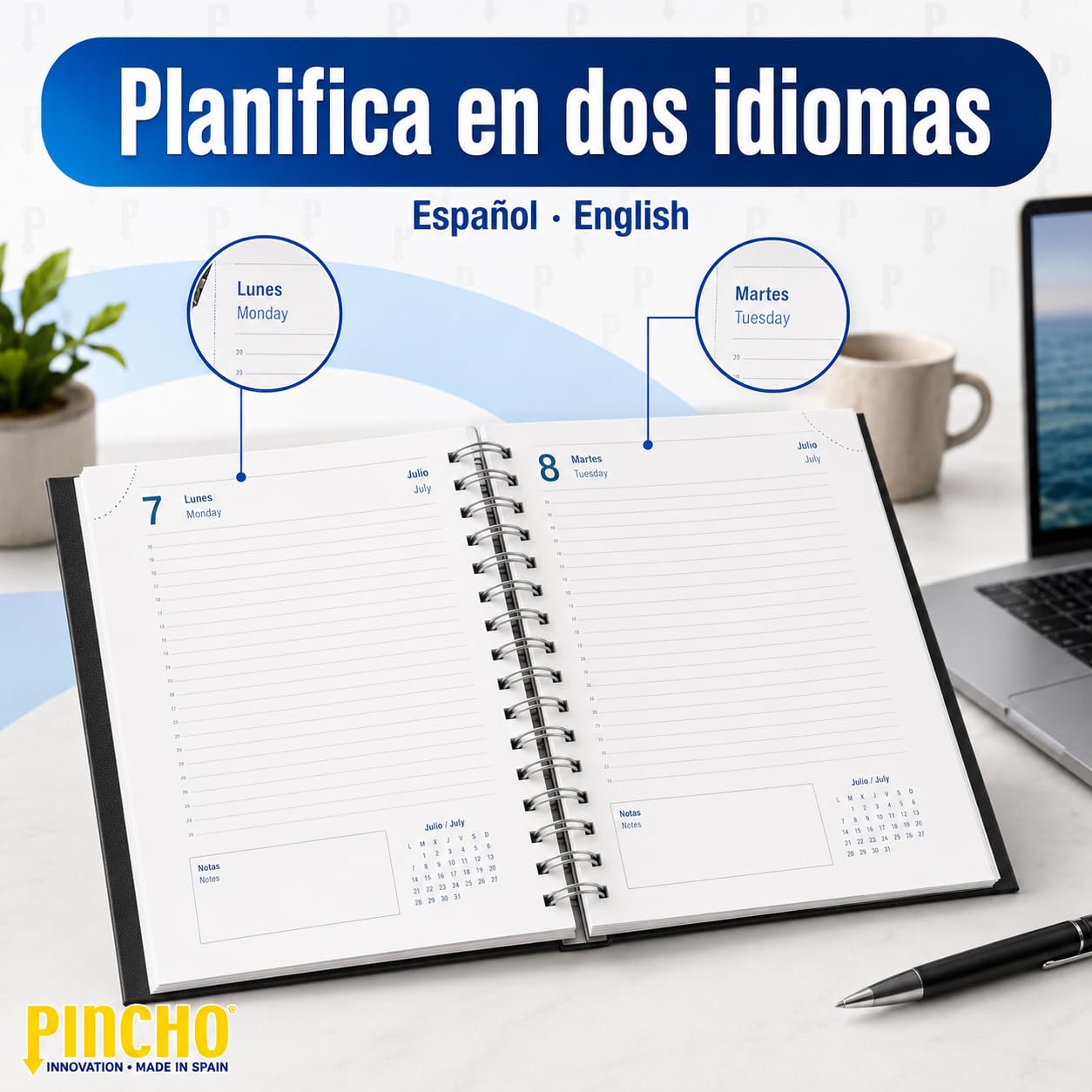 Pincho Agenda annuel 2026 journalier à spirale 24,5 x 19,5 cm, B5 avec couverture rigide, agenda journalier, sab. et dim. même page, calendrier, agenda scolaire (Marino)
