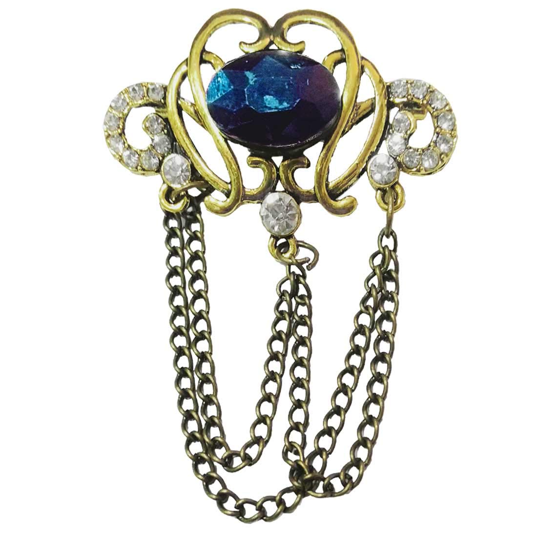 Mens Suit Blue Rhinestone Crystal Label Pin With Hanging Chain Gold Brass Brooch For Men-image-16