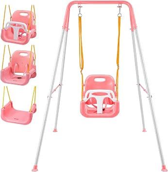 Toddler Swing Set with Safety Harness, 158 cm Heavy-Duty Folding Swing for Indoor & Outdoor Use Pink