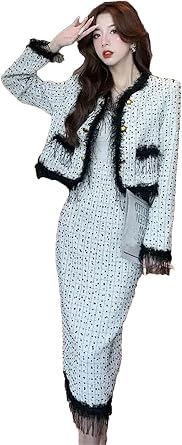 Women Tweed Jacket Two Piece Set Vintage Ruffles Patchwork Woolen Sequin Short Coat + Long Pencil Skirt Suits Khaki XL
