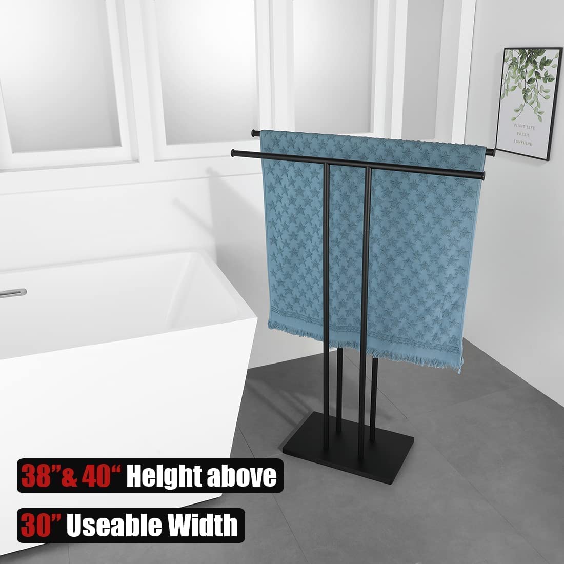 INDIAN DECOR 51312 Freestanding Bath Towel Holder Stand Black, 30 Inch Free Standing Double Towel Rack Shelf for Bathroom Floor, Matte Black 1