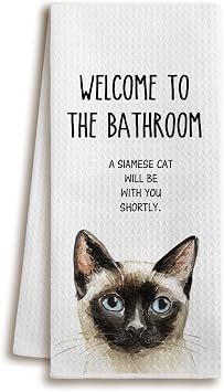 XUISWELL974 Siamese Cat Mom Lady Lovers Gifts for Women, Funny Welcome to The Bathroom A Siamese Cat Will Be with Hand Towels for Decor, 16x24 Inches