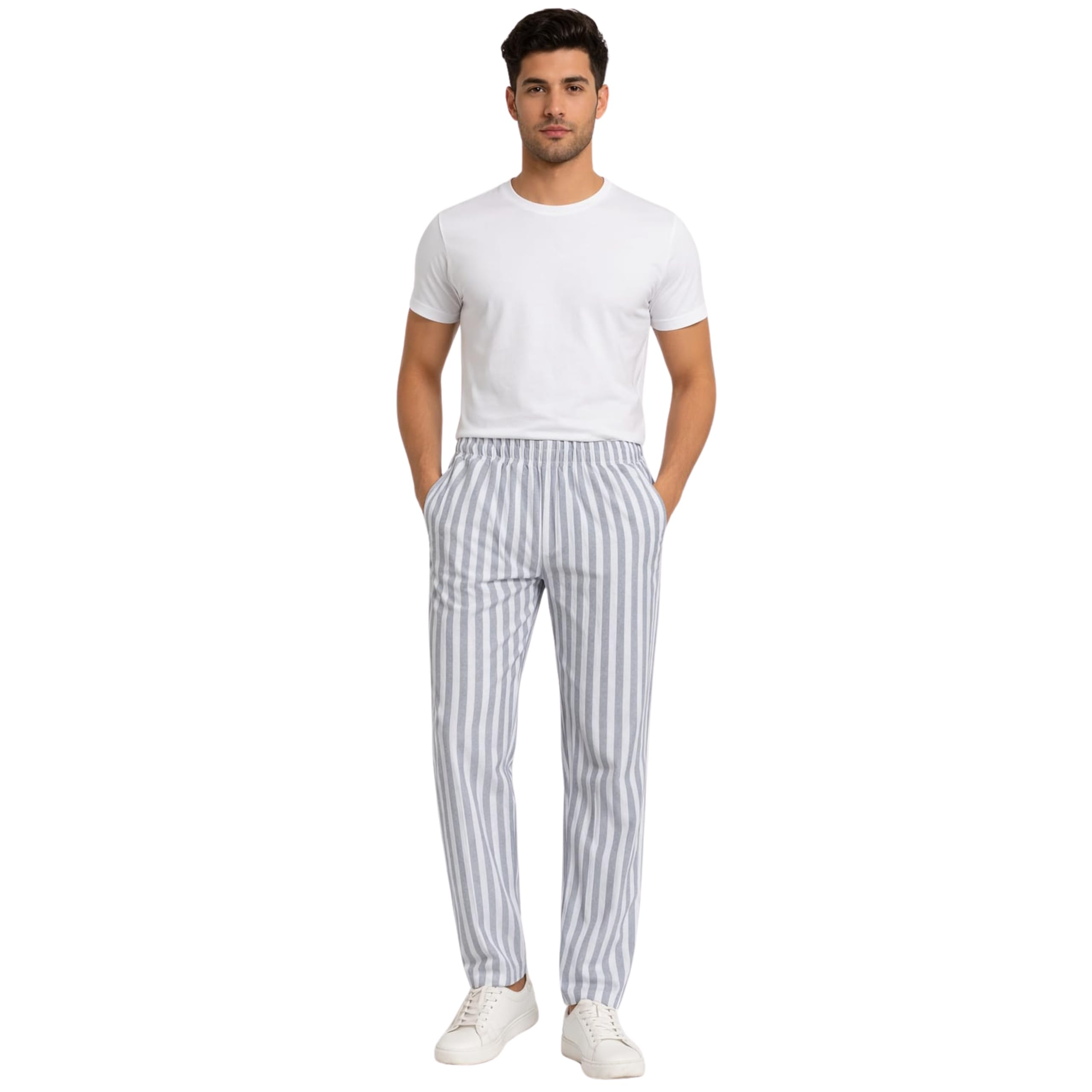 Men Casual Striped Pants Relaxed Fit Elastic Waist Comfortable Lounge Trousers for Home Office Travel and Everyday Wear (Grey and White, XL)-image-11