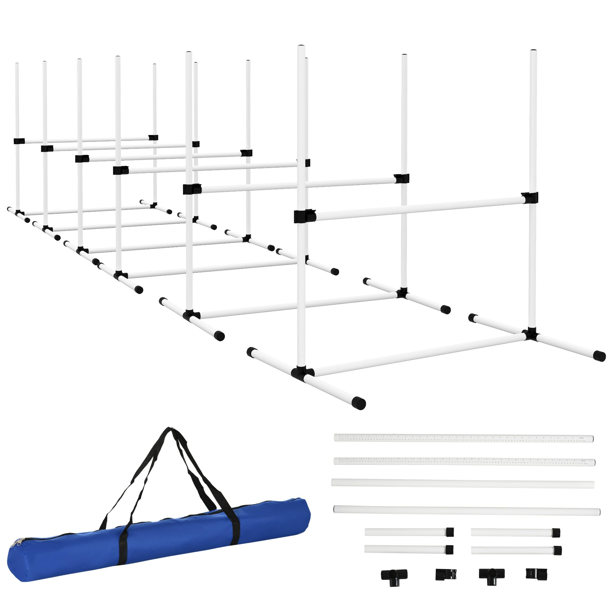 6 Piece Dog Agility Training Equipment, Adjustable Height Jump Bars, Carry Bag, White & Displacing Top Bar