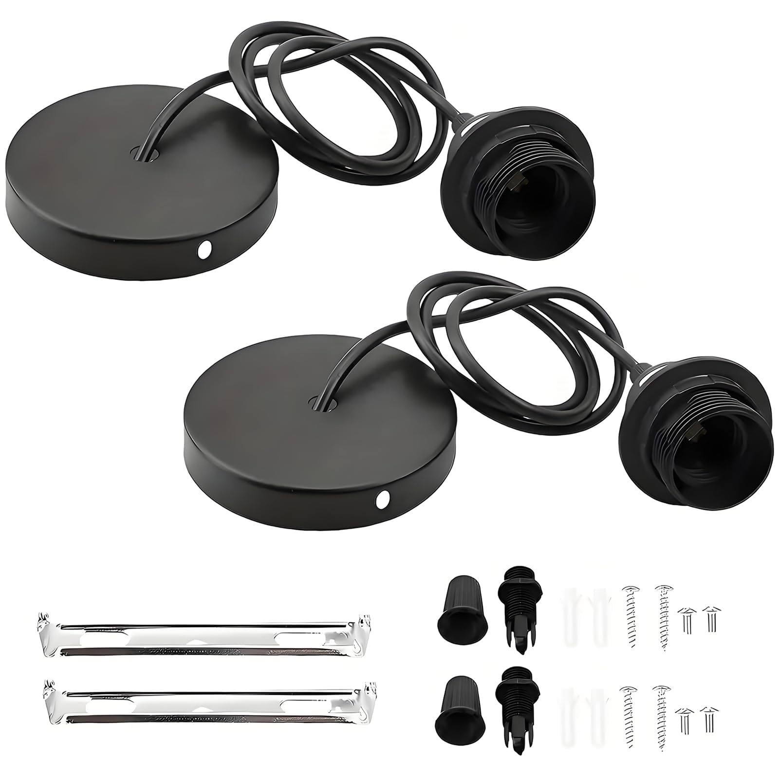 aieieii 2 PCS Black Light Fittings, E27 Lamp Holder Light Fittings with100CM Adjustable Cable, Ceilings Black Ceiling Rose Modern Industrial Style Ceiling Chandelier Accessories