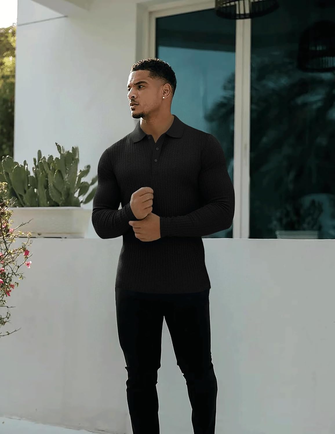 Muscle Cmdr Men's Cotton Long Sleeve Muscle T Shirts Slim Fit Business Casual Tee Short Sleeve Ribbed Polo V Neck - Image 6