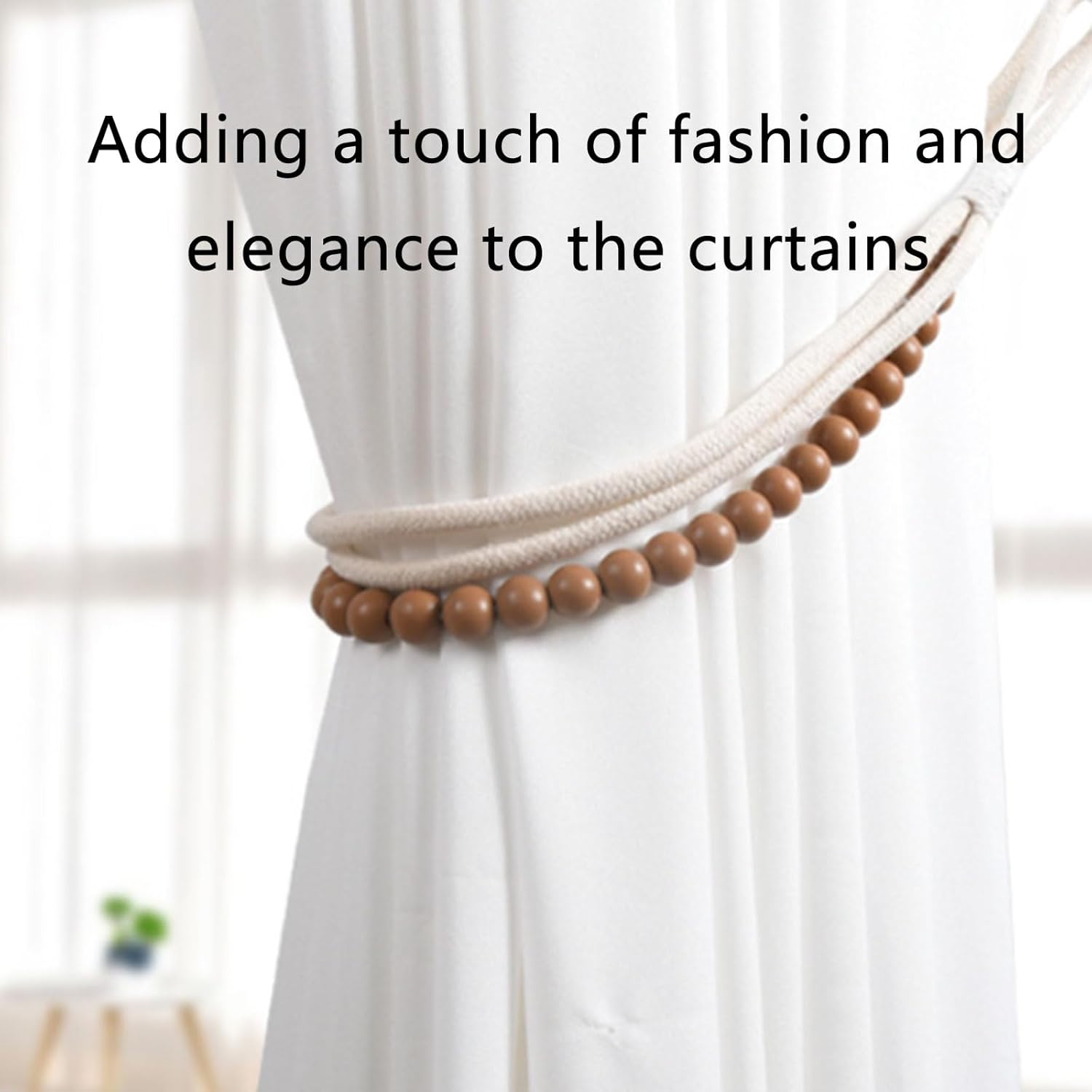 カーテンタイバック 4個パック ユニークでエレガントなハンドメイドロープカーテン ホールドバック 木製ビーズカーテンタイ ホームデコ
