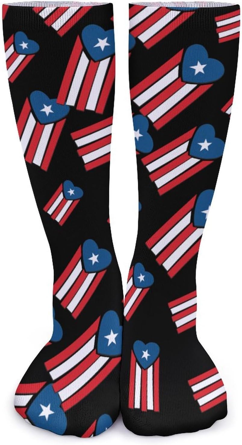 Puerto Flag with Heart Knee High Socks Casual Long Stockings Over Calf Sock Tube for Women Men