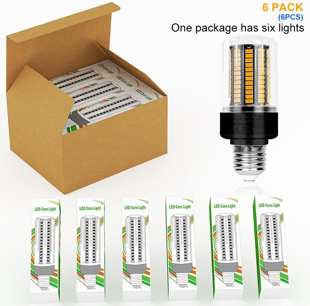 E26/E27 LED Corn Light Bulbs 3000K Warm White Super Bright 3146 Lumen 132Leds Corn Bulb 85-265V Flicker Free Indoor Household Lighting 6 Pack