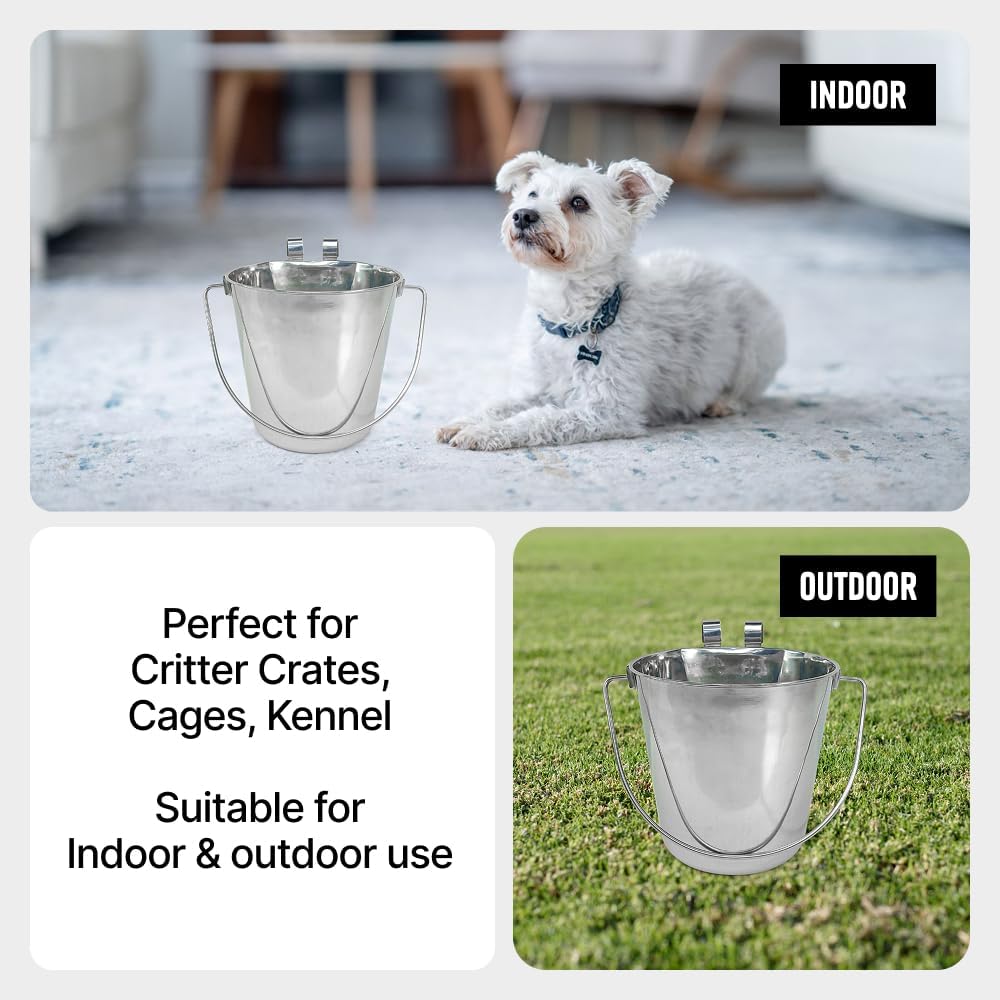 Heavy Duty Stainless Steel Bucket w/Hooks - Flat Side Metal Bucket for Feeding & Watering Pets Livestock & Cleaning - Perfect for Crates Kennels Cages & Fences (6 Count - 1 Gallon)